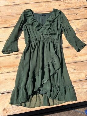 Abercrombie & Fitch Olive Green Ruffle Wrap-Front Dress